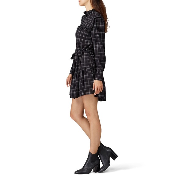 Rebecca Taylor La Vie Drapey Black Plaid Ruffle Long Sleeve Dress - Picture 4 of 16